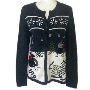 Vintage Christmas Cardigan with Ice Skaters. Has Beading and Velvet Appliqués.